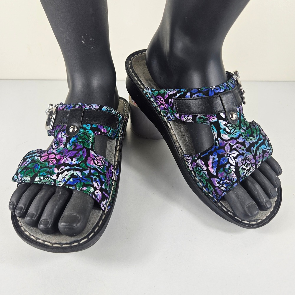 Alegria by PG Lite Peggy Womens 7 Metallic Hibiscus Floral Leather Slide Sandals